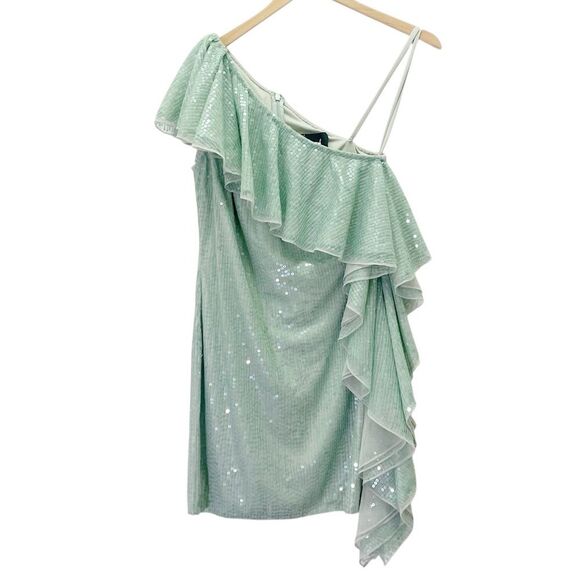 Mac Duggal Sage Sequin One Shoulder Ruffle Mini Dress Size 6 Party Cocktail - Picture 8 of 16